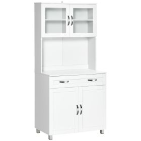 Tall Kitchen Pantry Cabinet Storage, Modern Kitchen Pantry Cabinet with Framed Glass Doors, Shelves and Drawers, White
