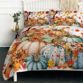 3PCS Colorful Oil Painting Pumpkin Pattern Quilt Set For All Seasons Flower Fall Leaves Bedding Set With 2 Pillowcases For Kids Adults Thanksgivi (Option: King-Orange)
