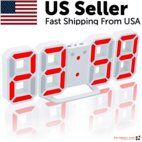 Digital 3D LED Big Wall Desk Alarm Clock Snooze 12/24 Hours Auto Brightness USB (Color: Red)